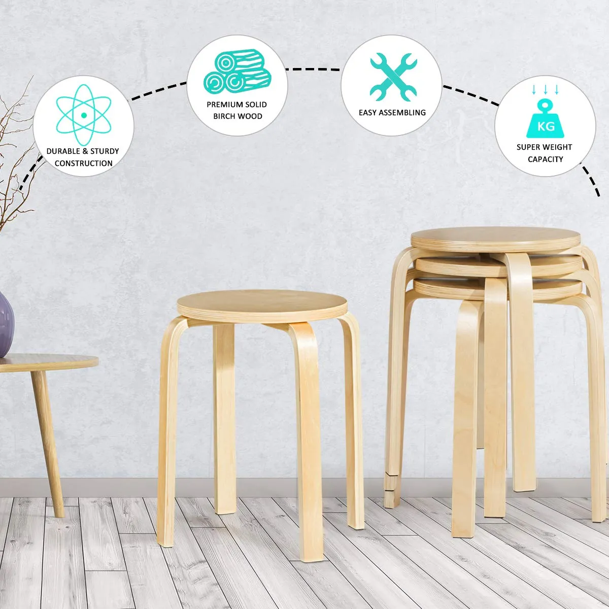 Stackable Bentwood Stools Set of 4, 18-Inch Height Backless Counter Chairs with Round Top, Anti-Slip Felt Pad