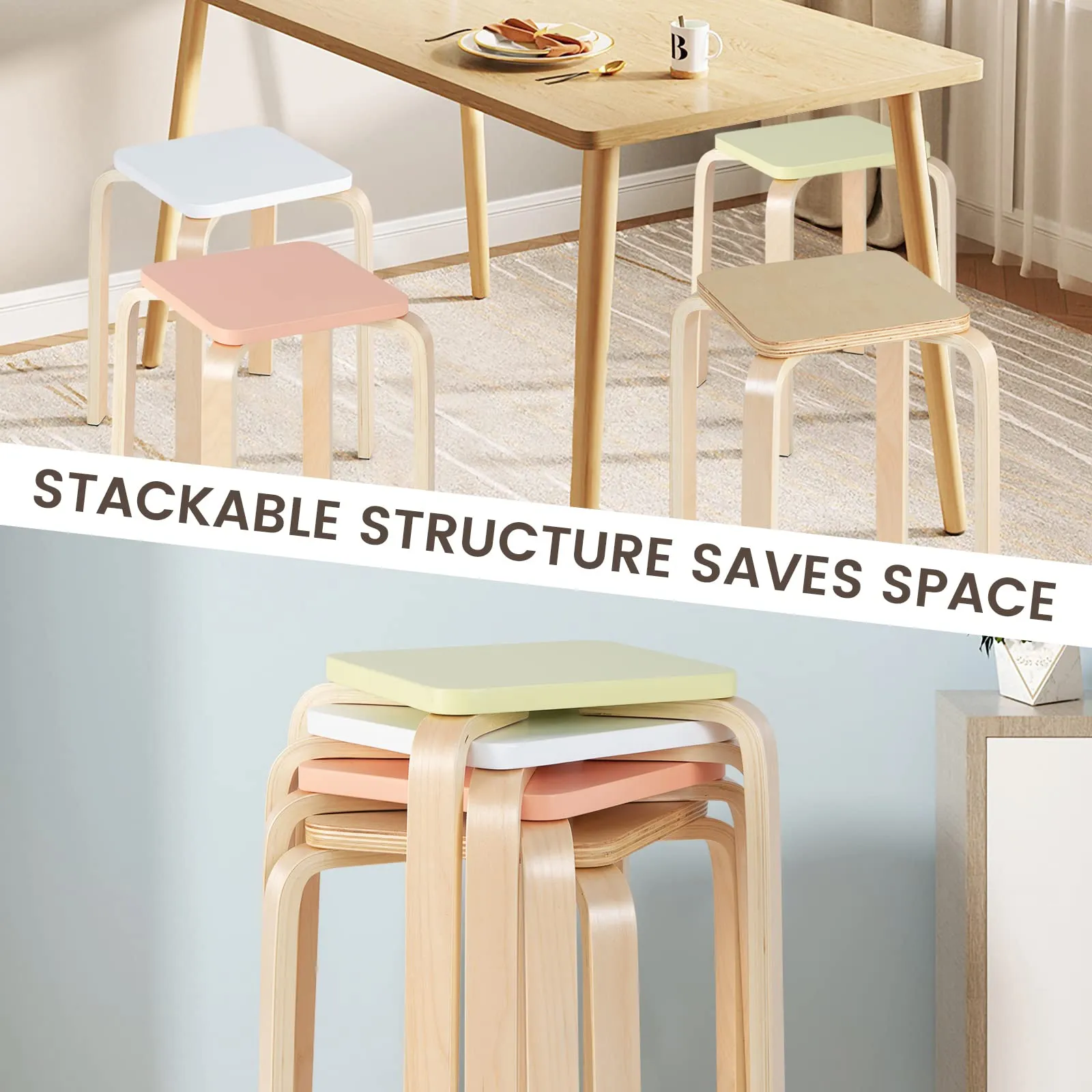 Stackable Wooden Stools Set of 4, Portable 18-Inch Height Backless School Stools