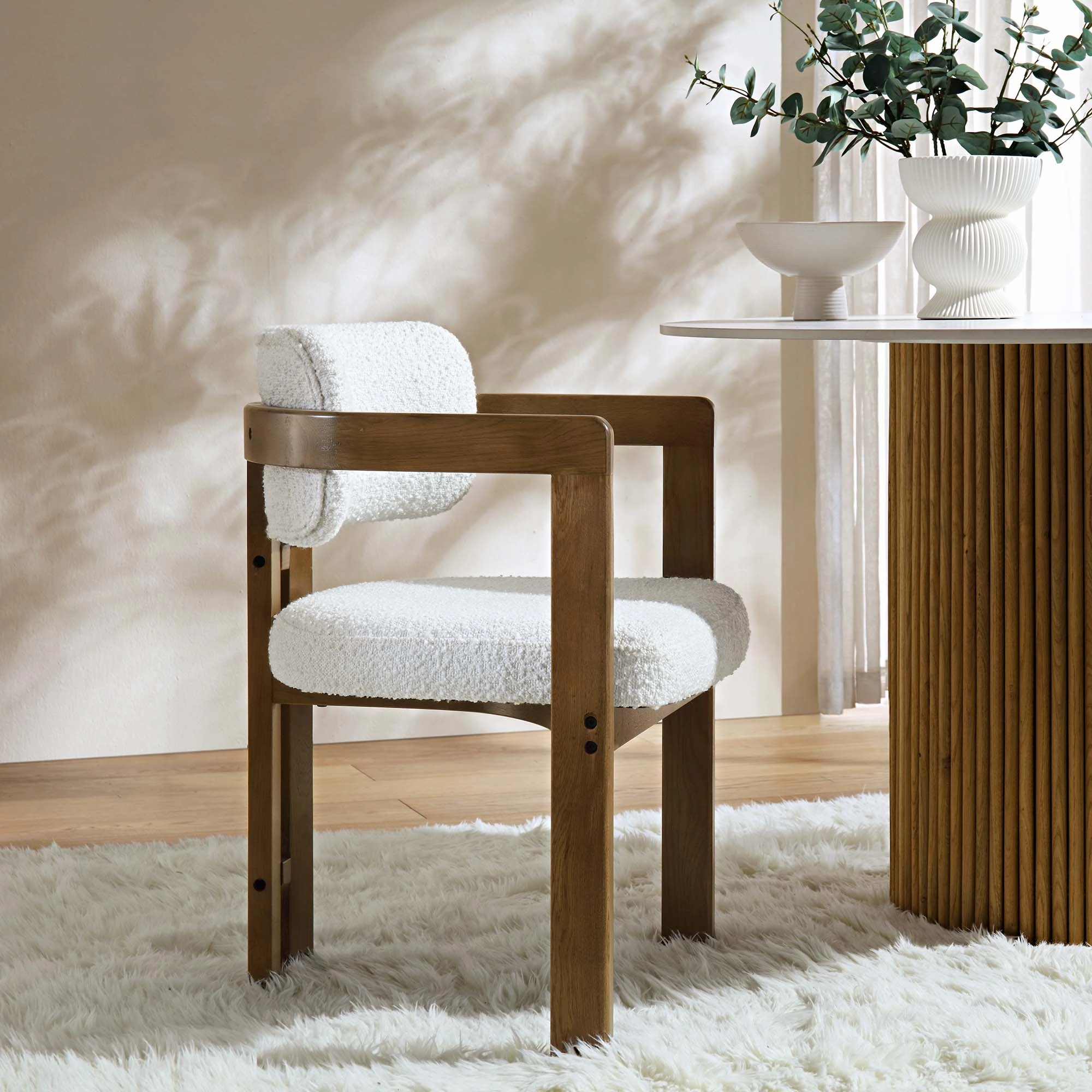 Stanford Curved Oak Frame Upholstered Chair, White Boucle Light Walnut Frame