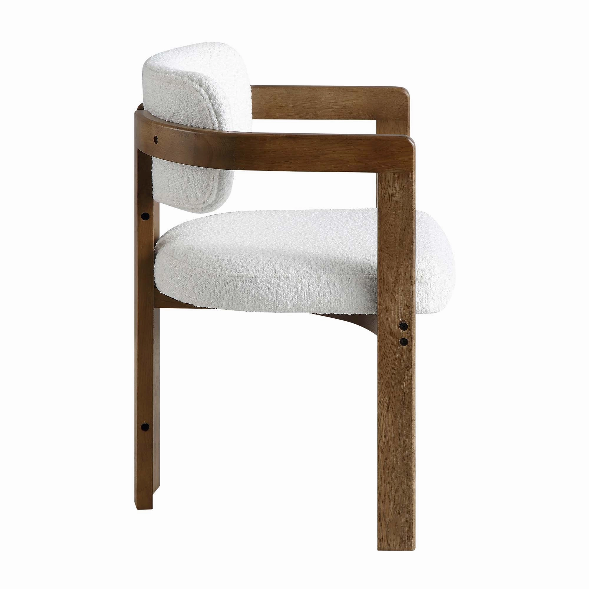 Stanford Curved Oak Frame Upholstered Chair, White Boucle Light Walnut Frame