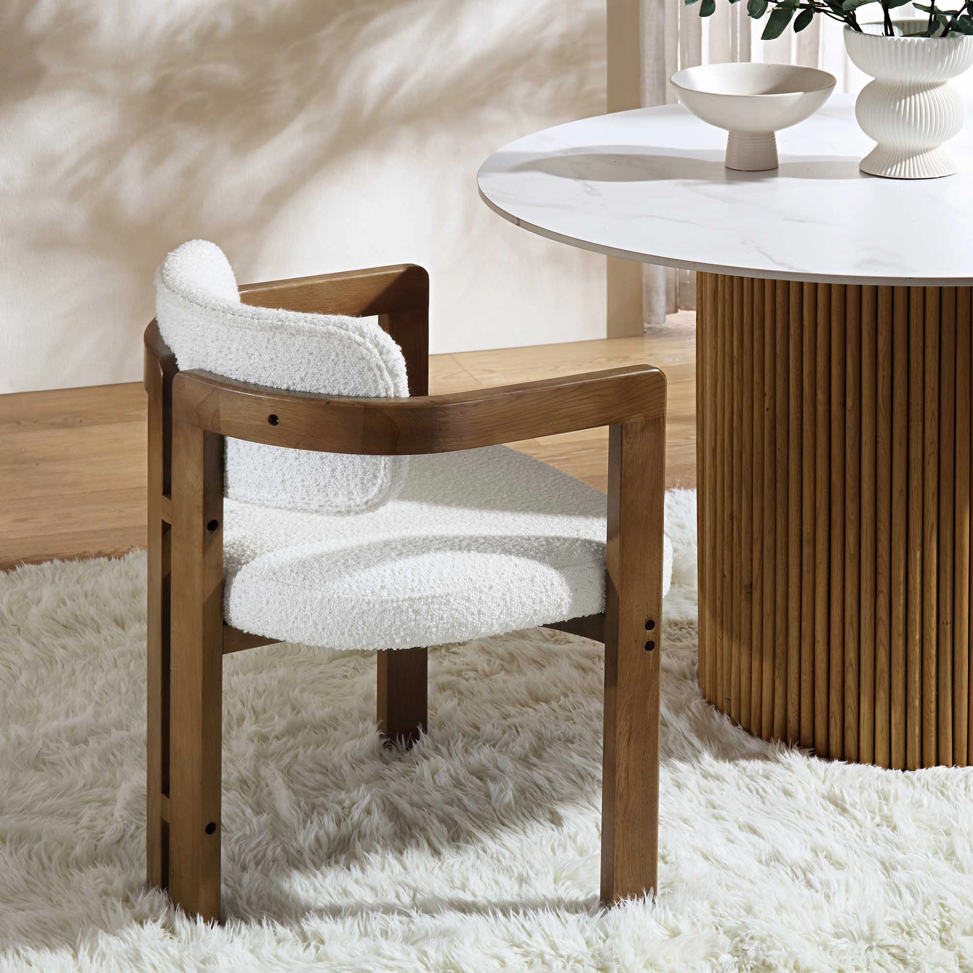 Stanford Curved Oak Frame Upholstered Chair, White Boucle Light Walnut Frame
