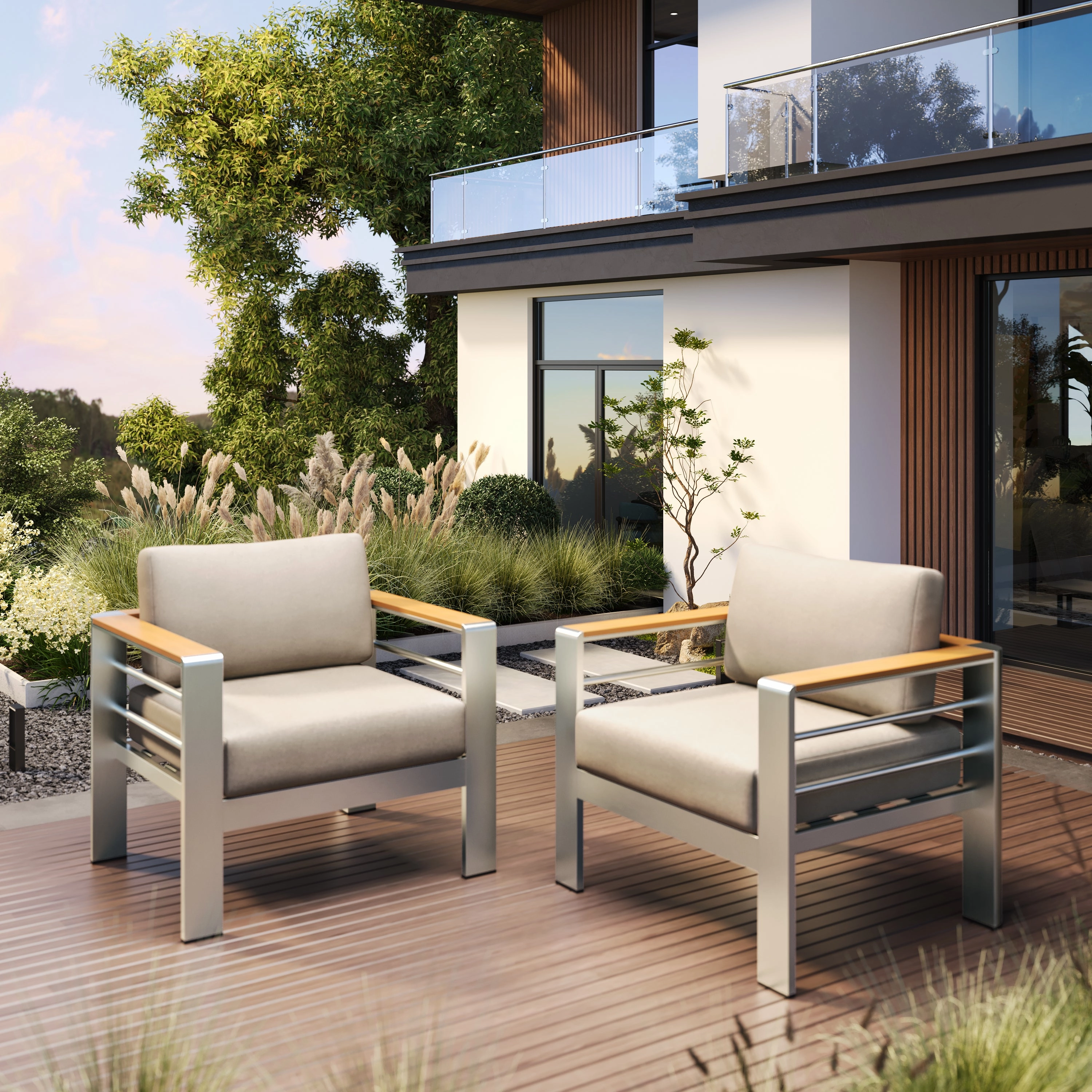 Steava Aluminum Outdoor Patio Club Chair with Beige Cushions