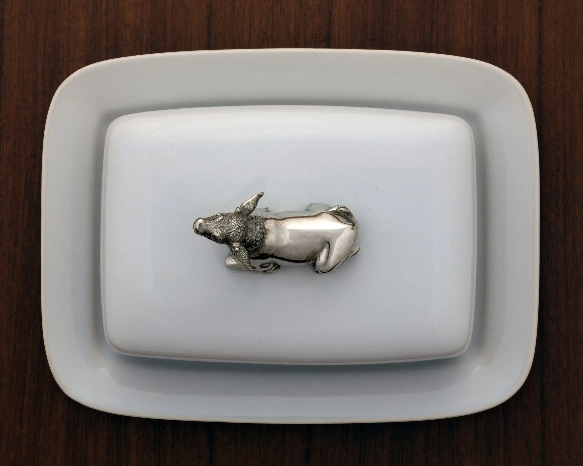 Stoneware Butter Dish with Pewter Cow