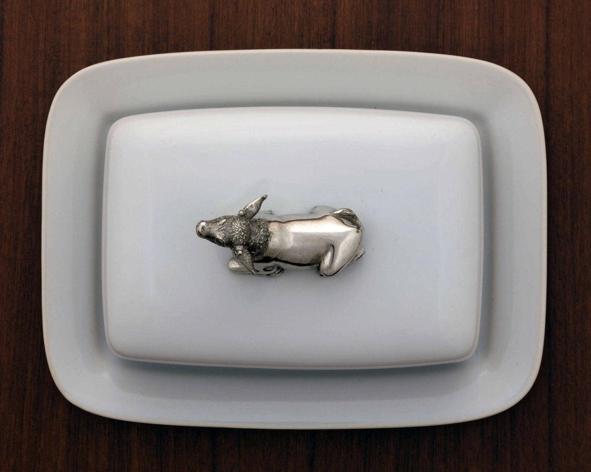 Stoneware Butter Dish with Pewter Cow