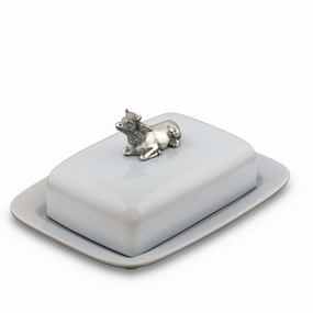 Stoneware Butter Dish with Pewter Cow shower curtain, waterproof liner