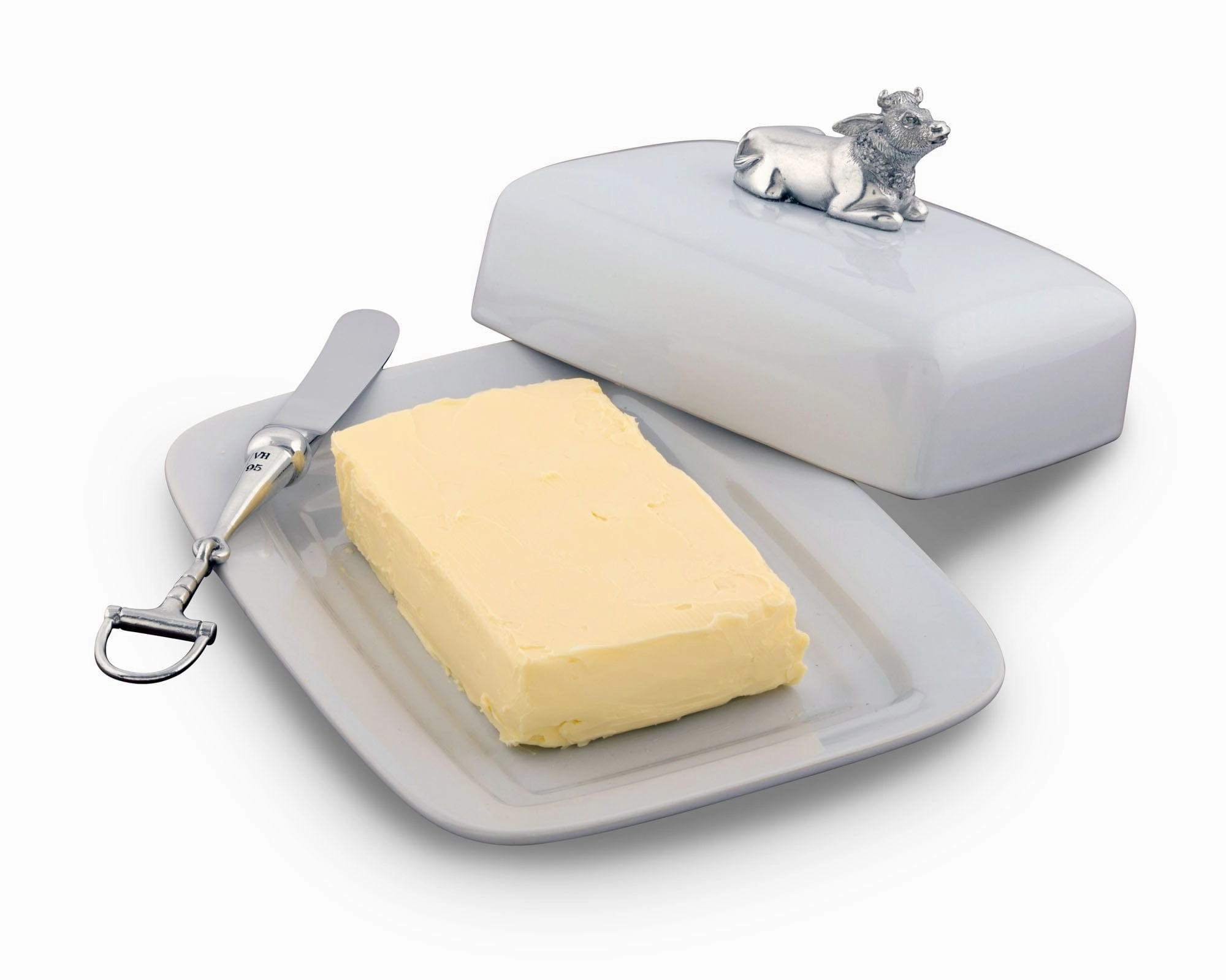 Stoneware Butter Dish with Pewter Cow