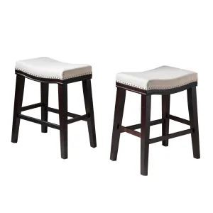 Studded 26 Inch Beige Fabric Saddle Counter Stool, Set of 2 - NH198303 bar stool, counter stool