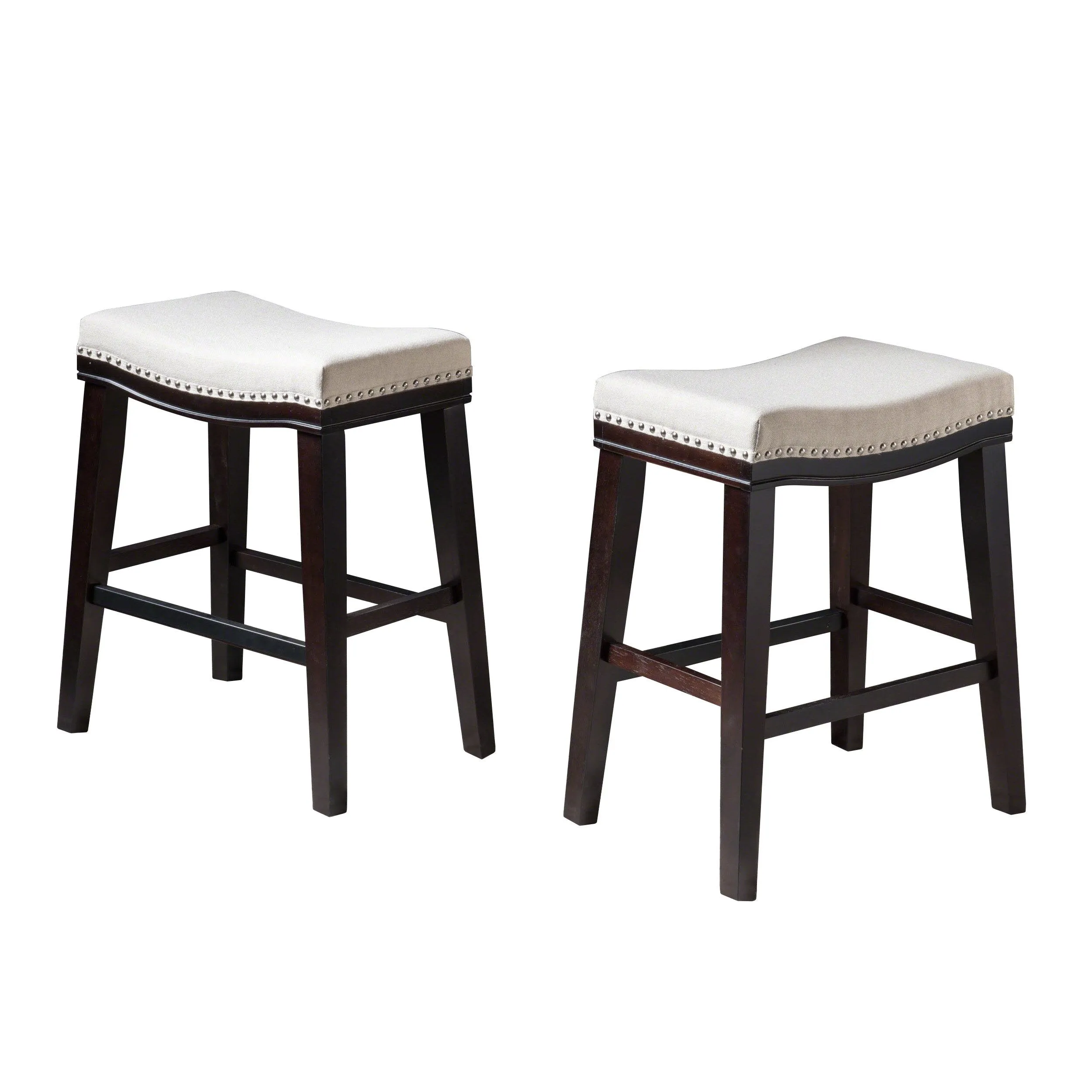Studded 26 Inch Beige Fabric Saddle Counter Stool, Set of 2 - NH198303 bar stool, counter stool