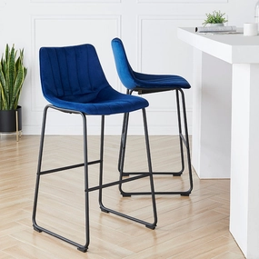 Sutton Set of 2 Barstools with Fluted Back (Blue Velvet)