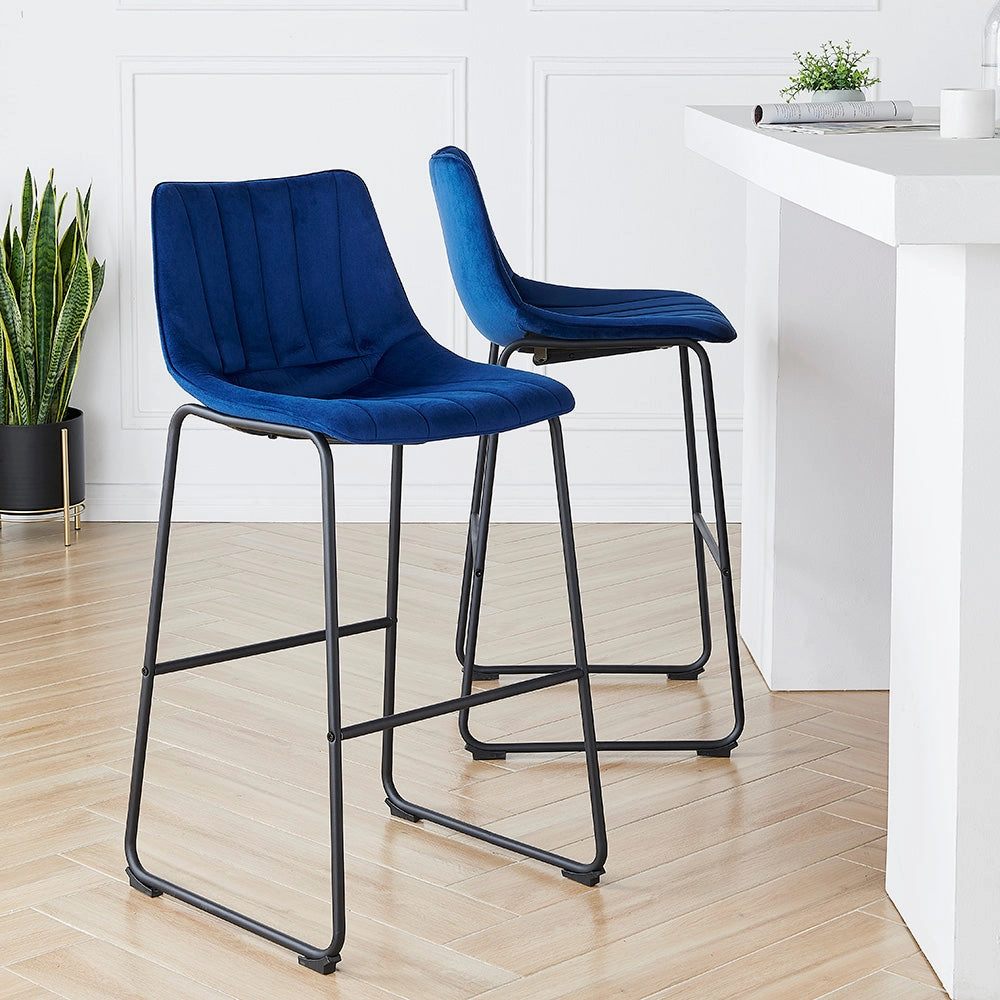 Sutton Set of 2 Barstools with Fluted Back (Blue Velvet)