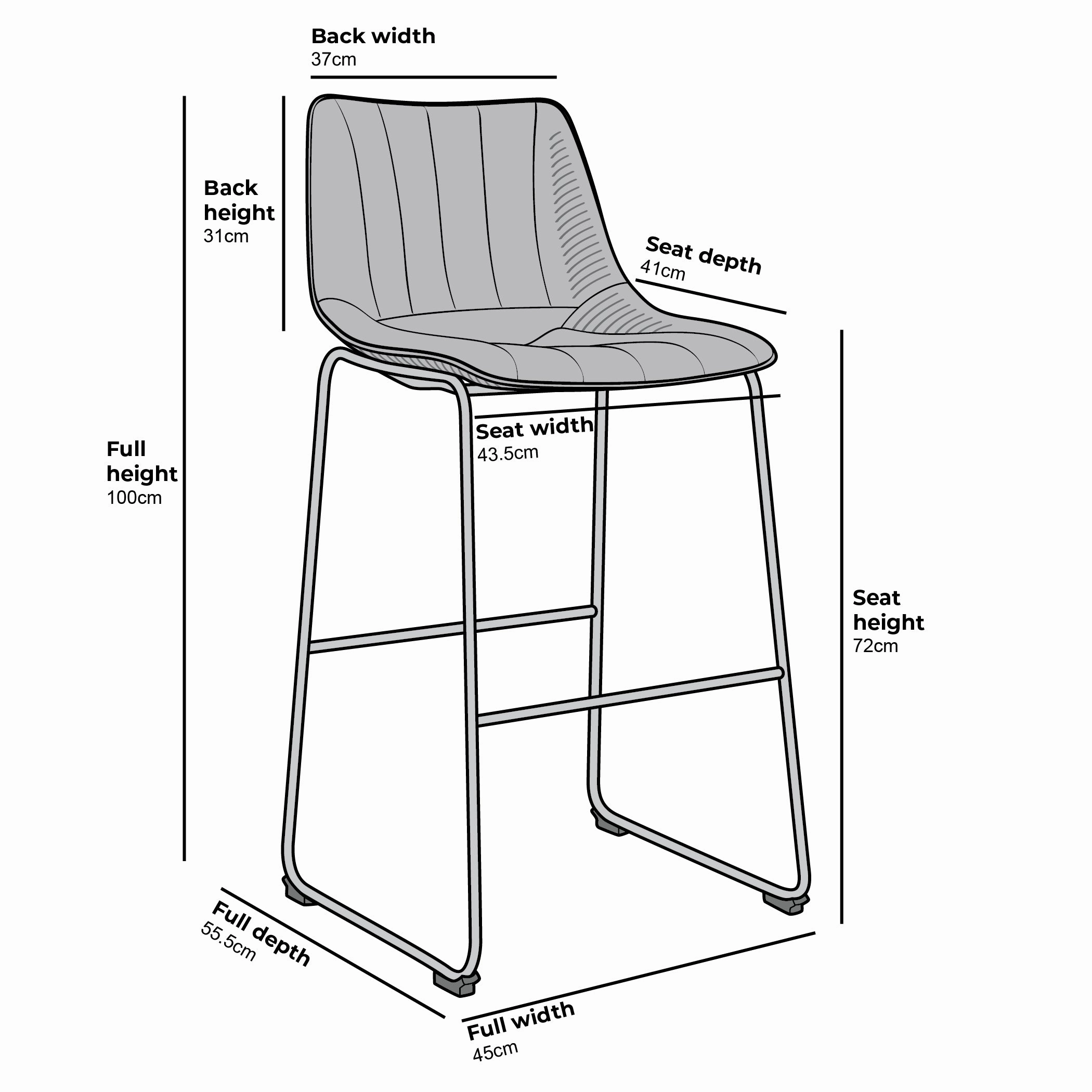 Sutton Set of 2 Barstools with Fluted Back (Grey Velvet)