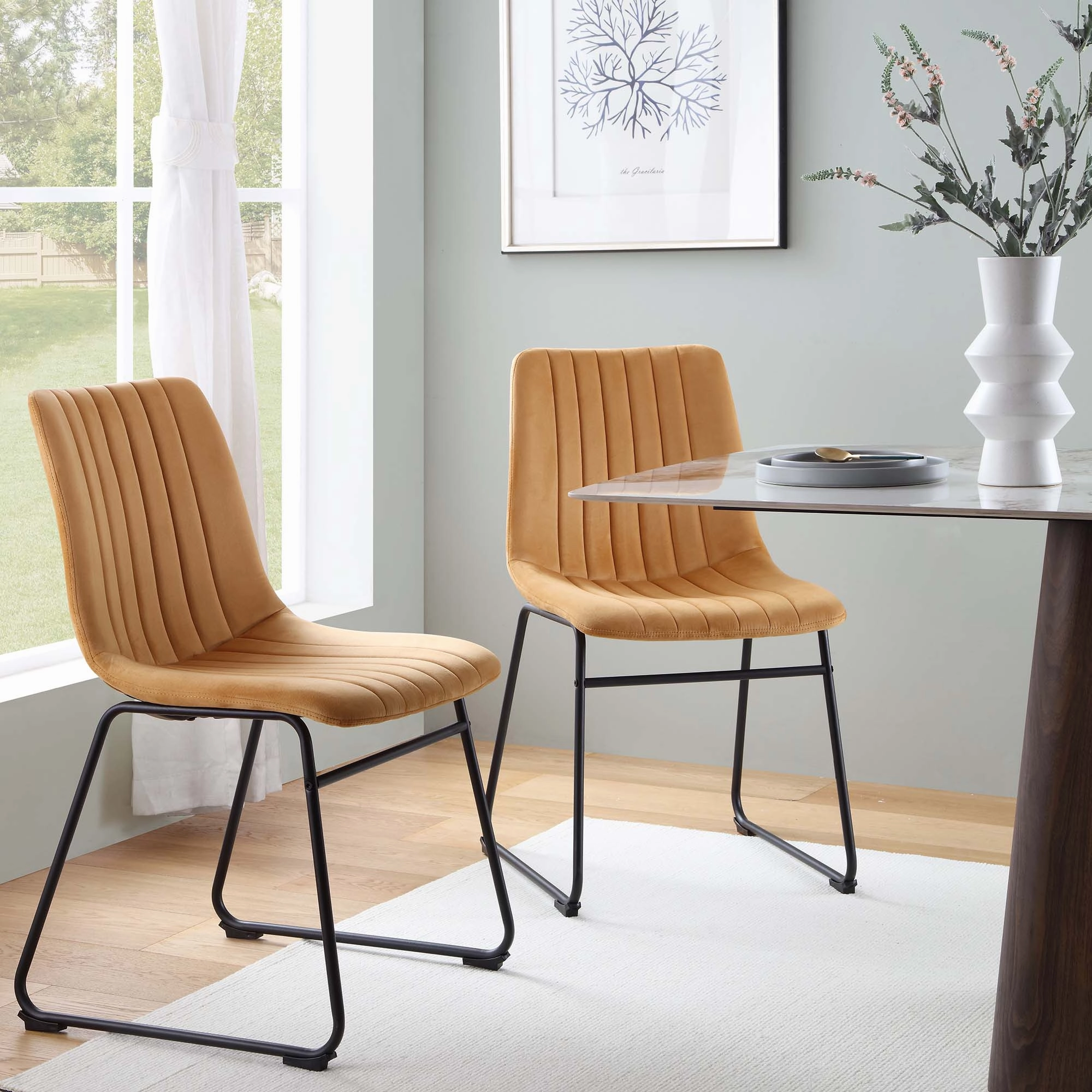 Sutton Set of 2 Mustard Yellow Velvet Fabric Fluted Dining Chairs with Metal Frame