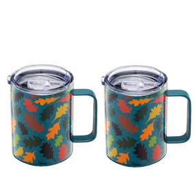 Teal Falling Leaves Coffee Mugs - Set Of 2