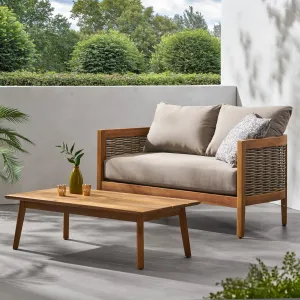 The Crowne Collection Outdoor Acacia Wood and Wicker Loveseat and Coffee Table Set with Sunbrella Cushions clothes rack, garment rack