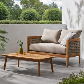 The Crowne Collection Outdoor Acacia Wood and Wicker Loveseat and Coffee Table Set with Sunbrella Cushions clothes rack, garment rack