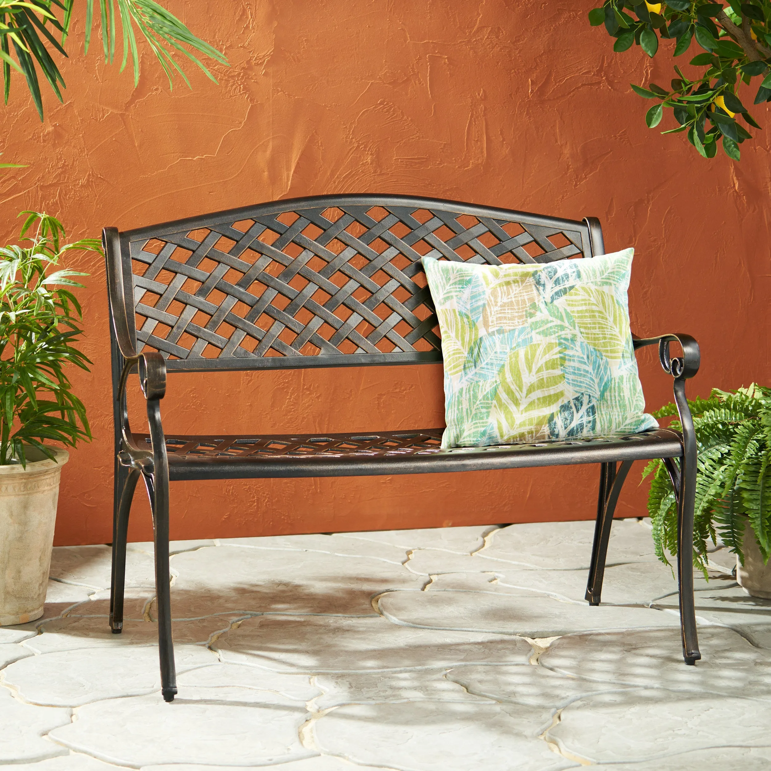 Traditional Mesh Pattern Antique Copper Cast Aluminum Bench - NH929933