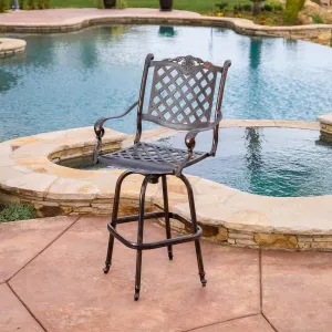 Traditional Outdoor Shiny Copper Cast Aluminum Swivel Barstool with Arms - NH587832 patio chairs, outdoor seating