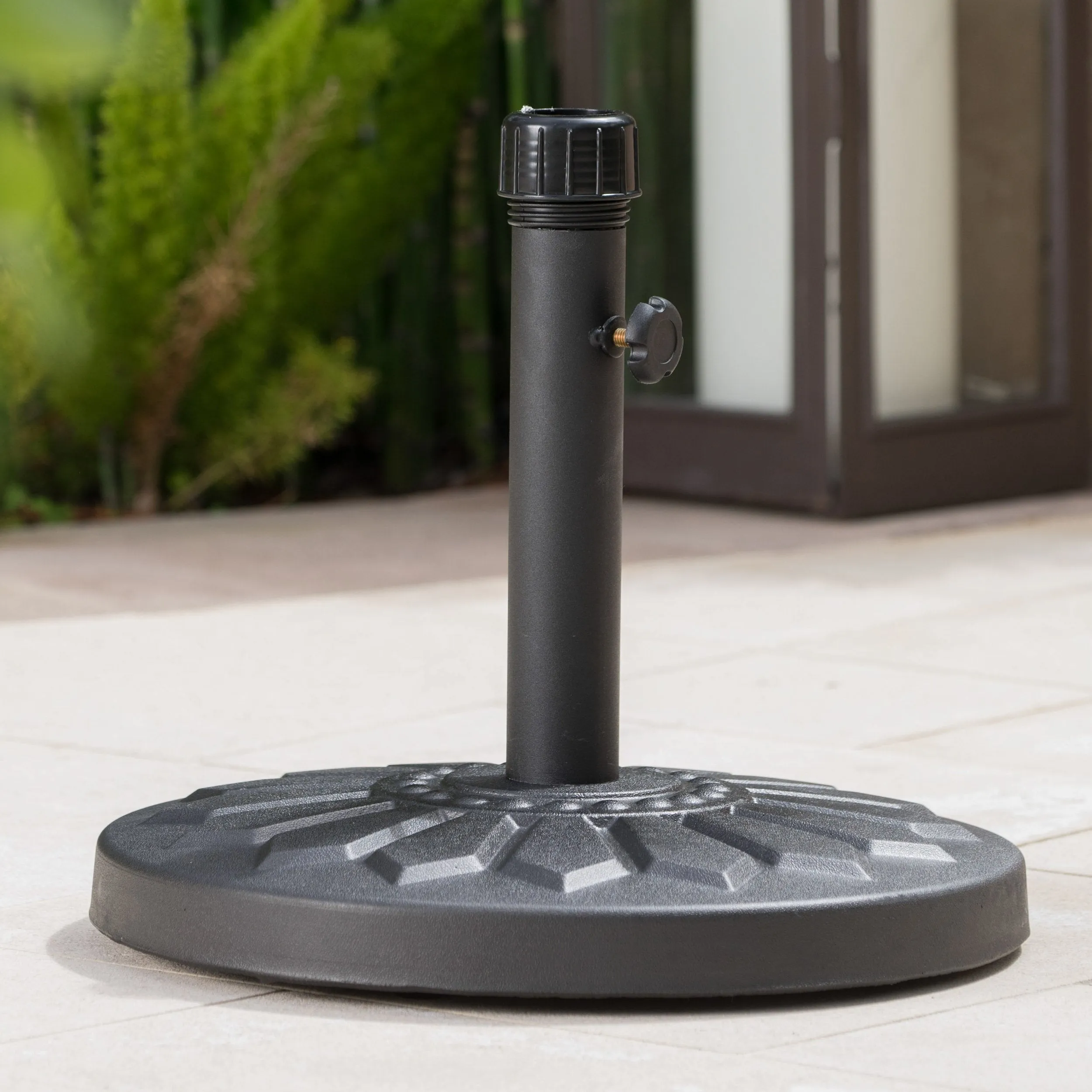 Traditional Round Black Steel Umbrella Base with Sunflower Design - NH914003 patio chairs, outdoor seating