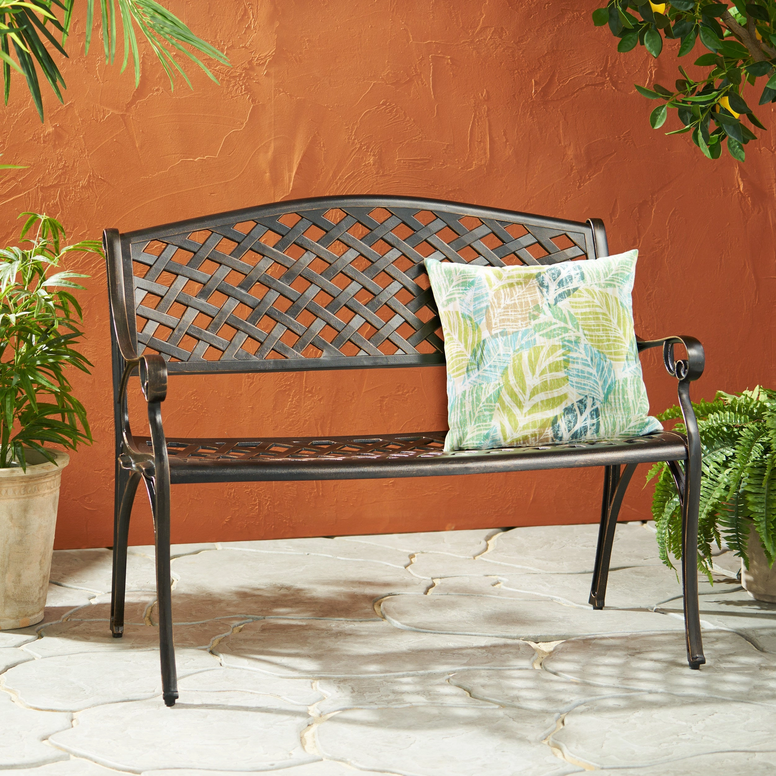 Traditional Mesh Pattern Antique Copper Cast Aluminum Bench - NH929933