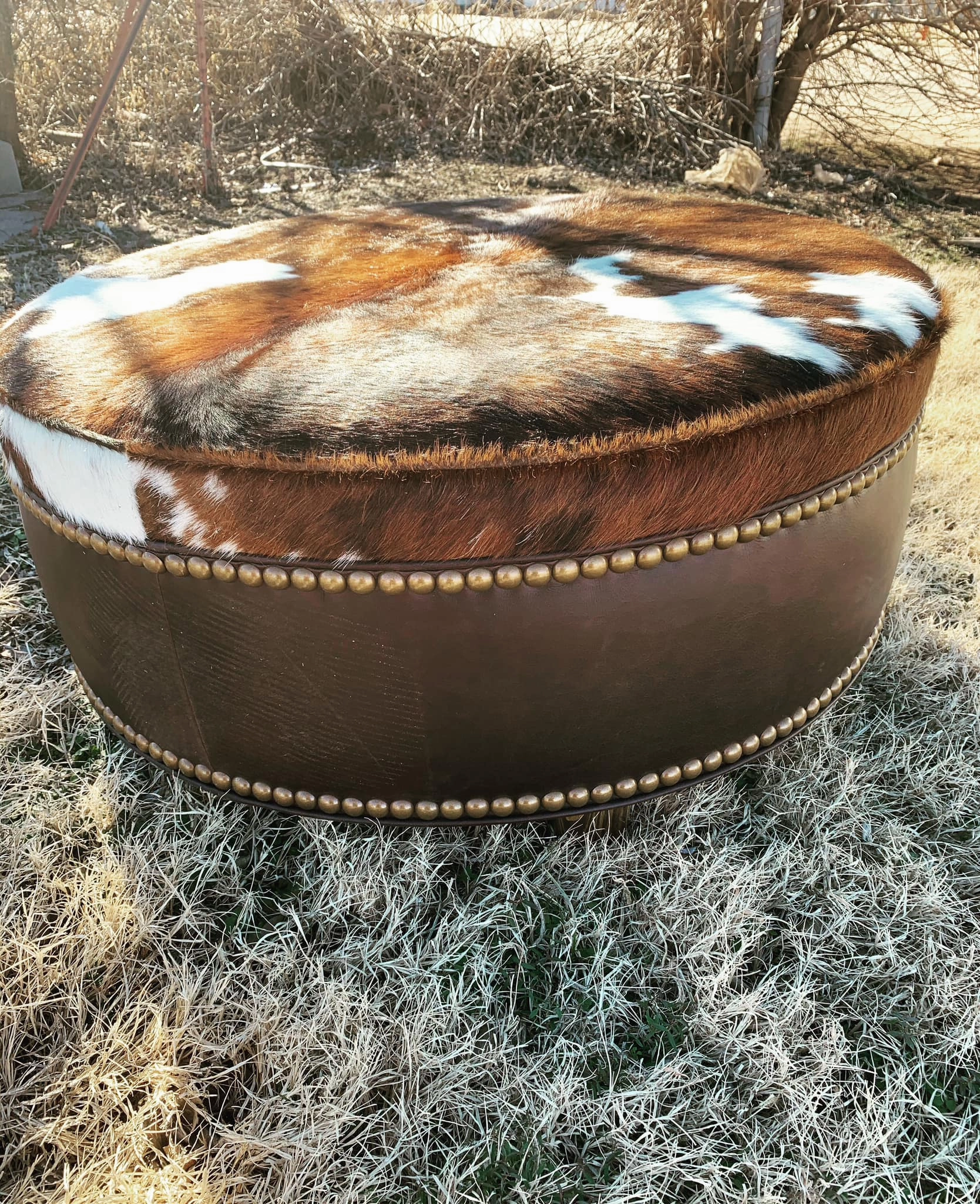 Tri Color Cowhide & Leather Round Ottoman