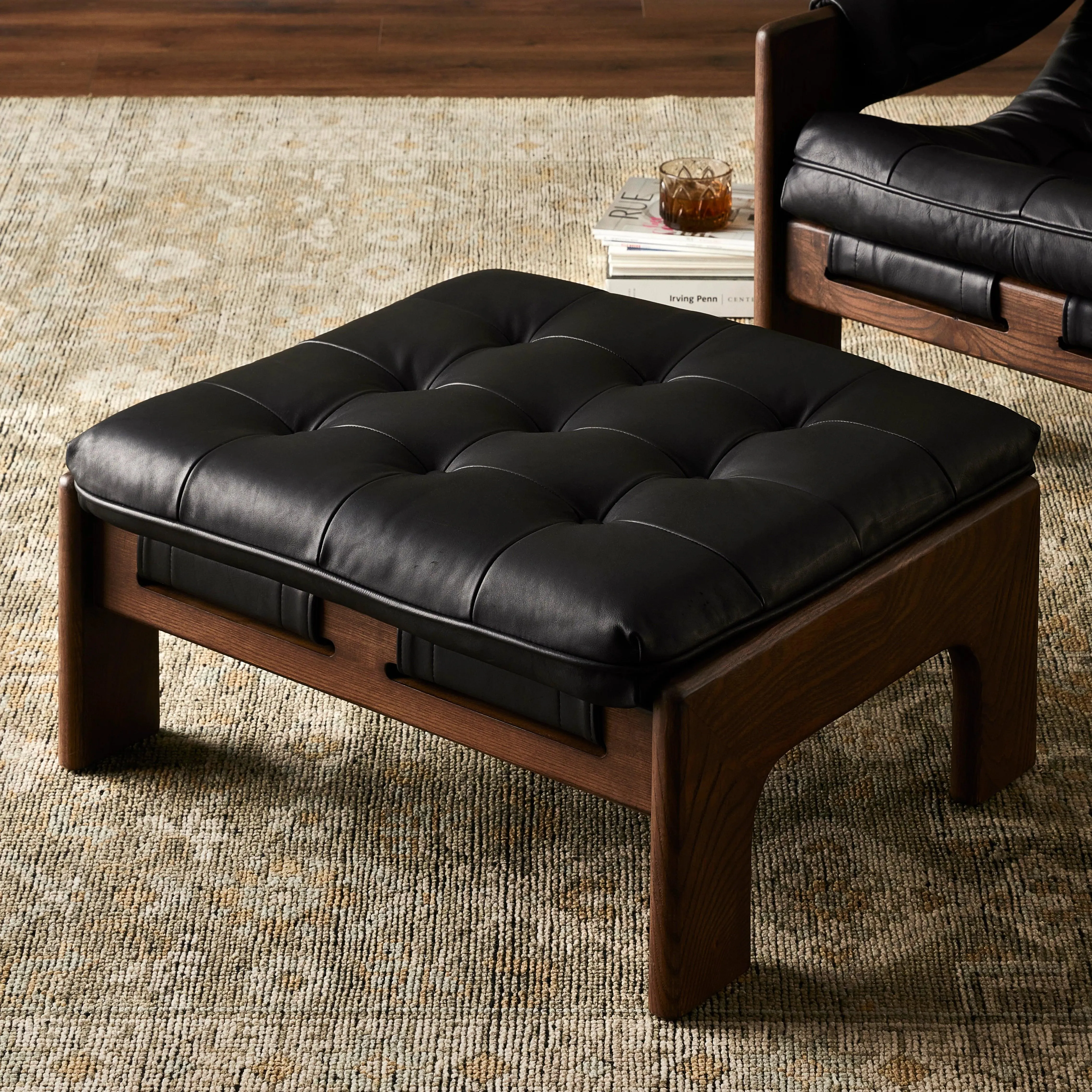 Tuft Sling Seat Black Leather Chair   Ottoman