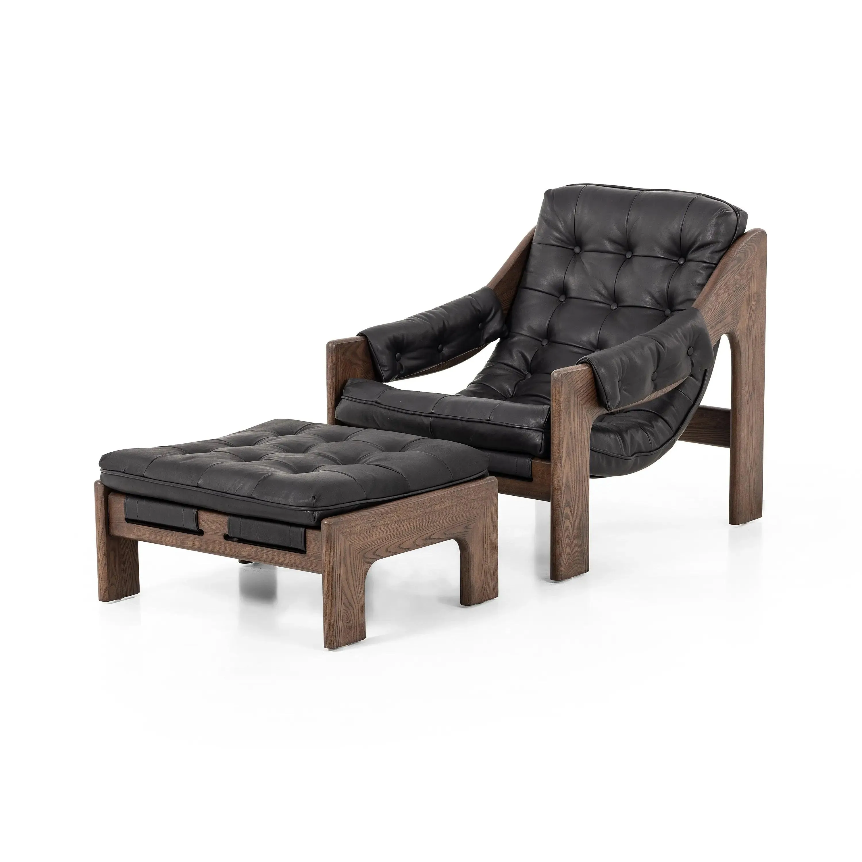 Tuft Sling Seat Black Leather Chair   Ottoman