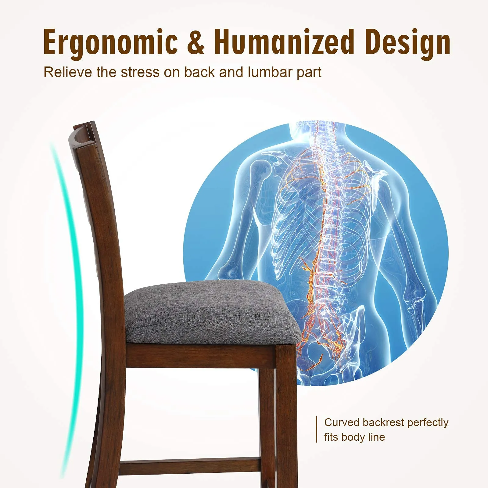 Upholstered Bar Stools with Solid Rubber Wood Frame, Foam-Padded Cushion