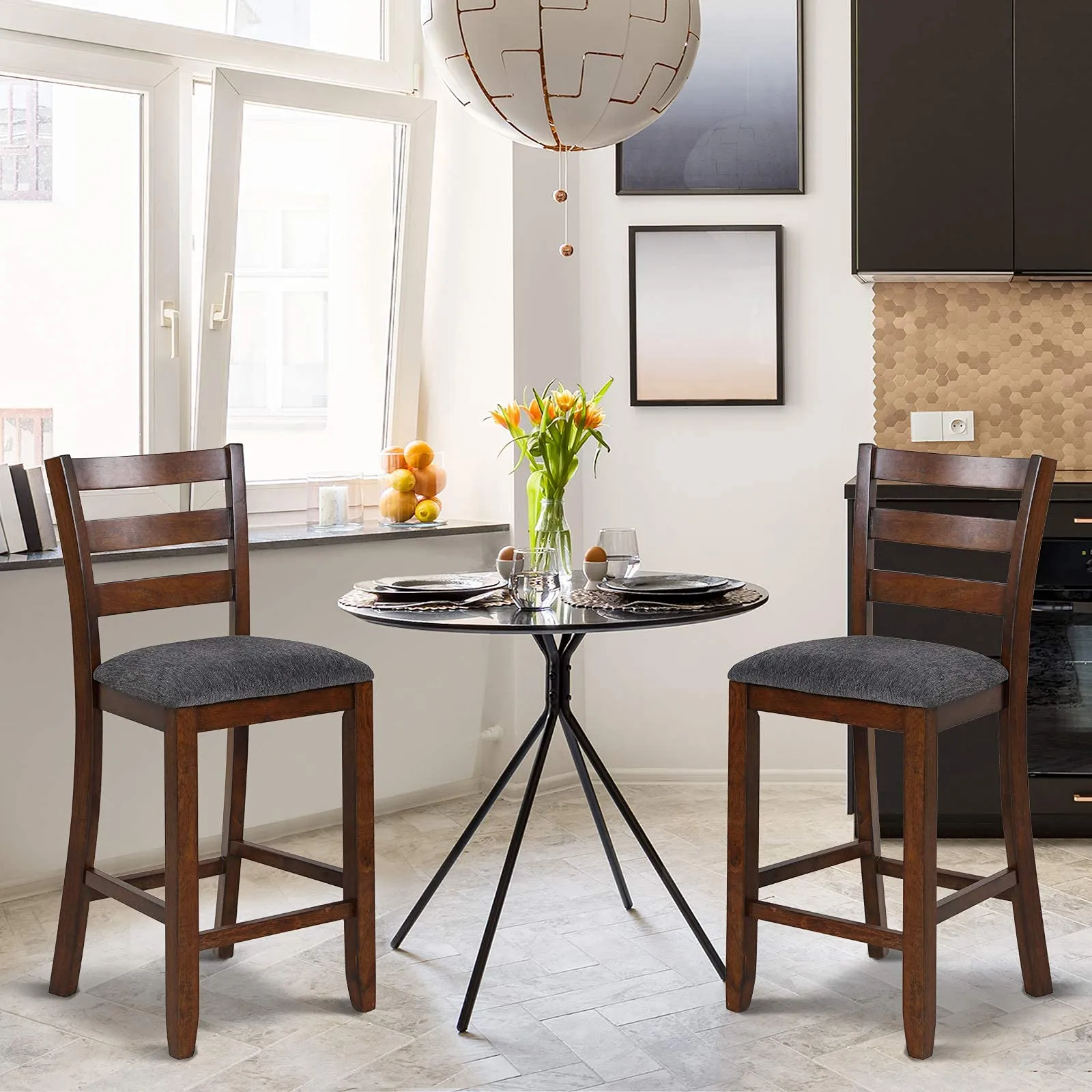 Upholstered Bar Stools with Solid Rubber Wood Frame, Foam-Padded Cushion
