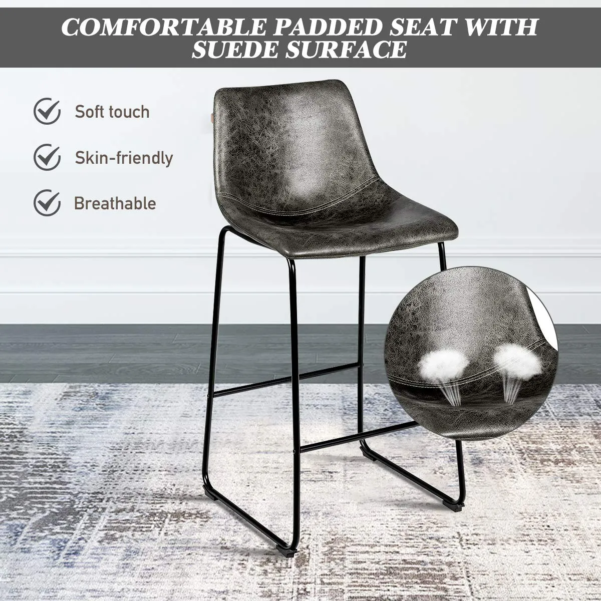 Vintage Faux Suede Bar Stools, with Metal Legs, Back and Footrest