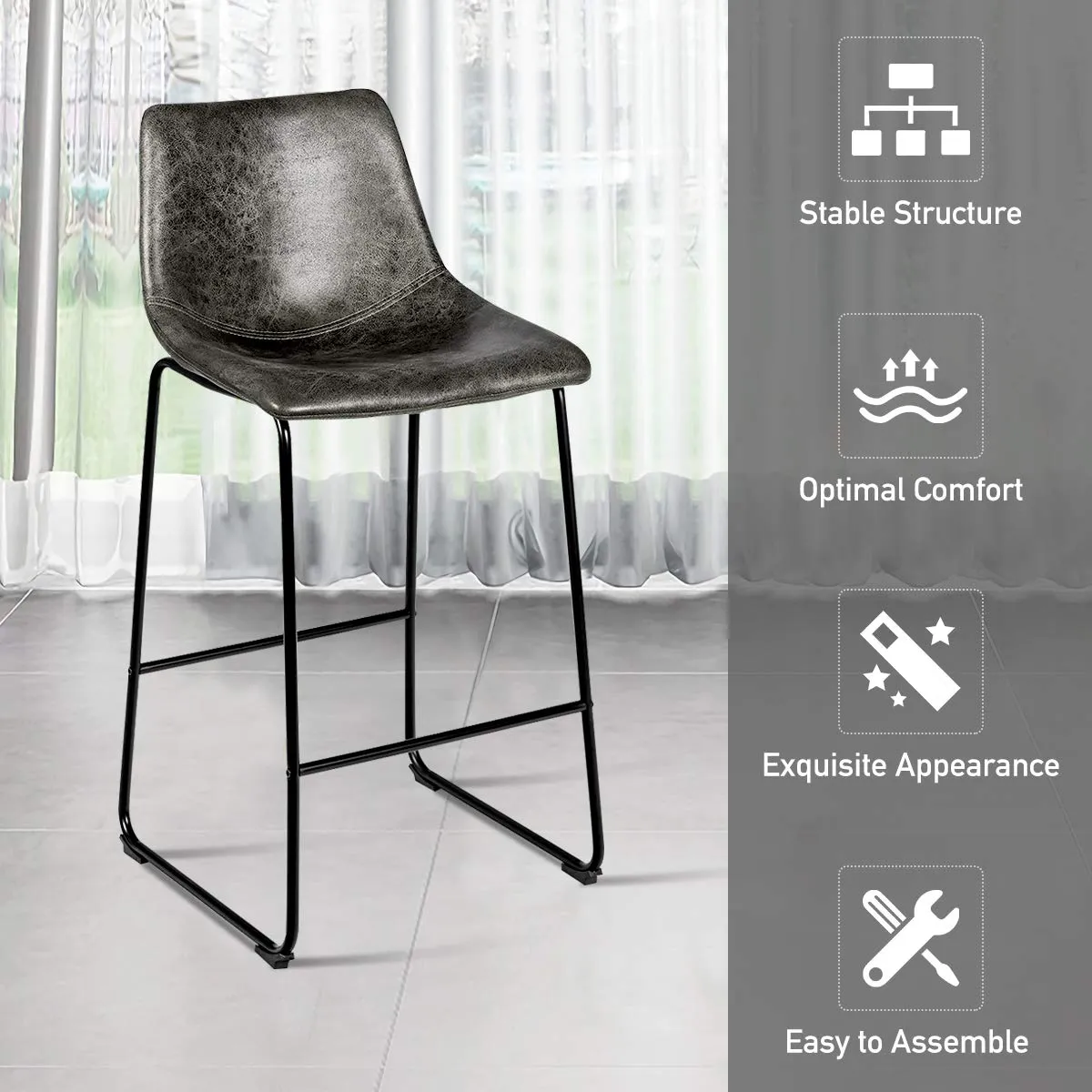 Vintage Faux Suede Bar Stools, with Metal Legs, Back and Footrest