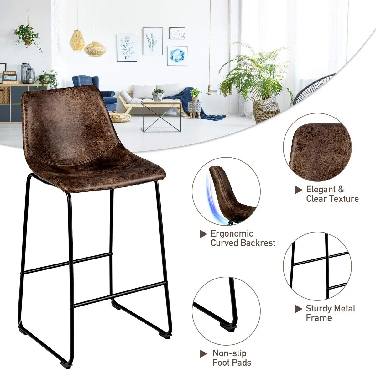 Vintage Faux Suede Bar Stools, with Metal Legs, Back and Footrest