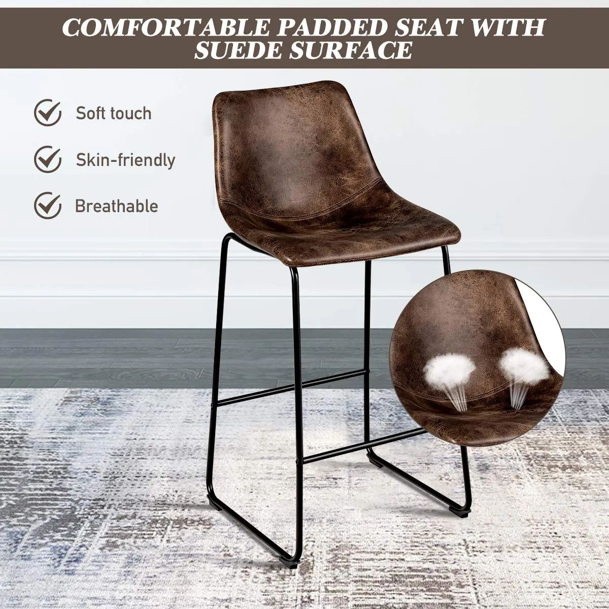 Vintage Faux Suede Bar Stools, with Metal Legs, Back and Footrest