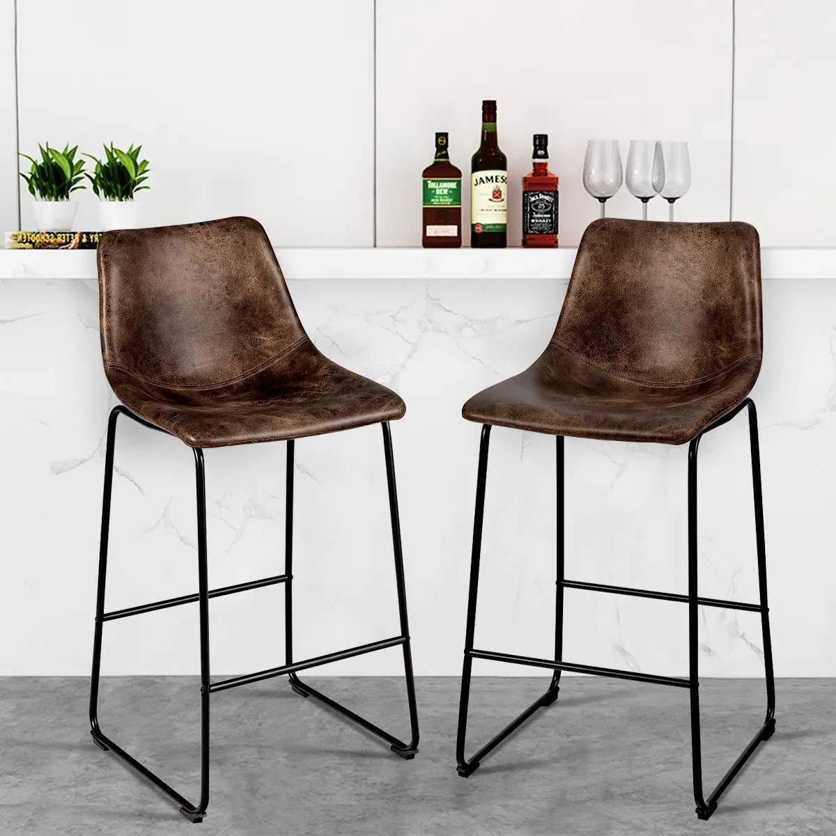 Vintage Faux Suede Bar Stools, with Metal Legs, Back and Footrest