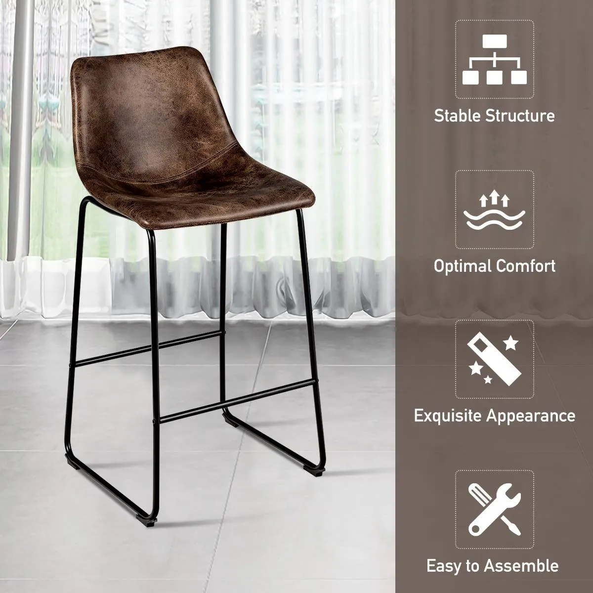 Vintage Faux Suede Bar Stools, with Metal Legs, Back and Footrest