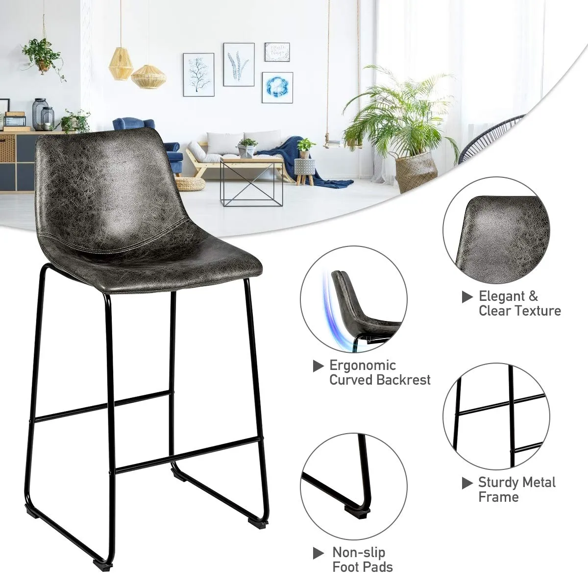 Vintage Faux Suede Bar Stools, with Metal Legs, Back and Footrest