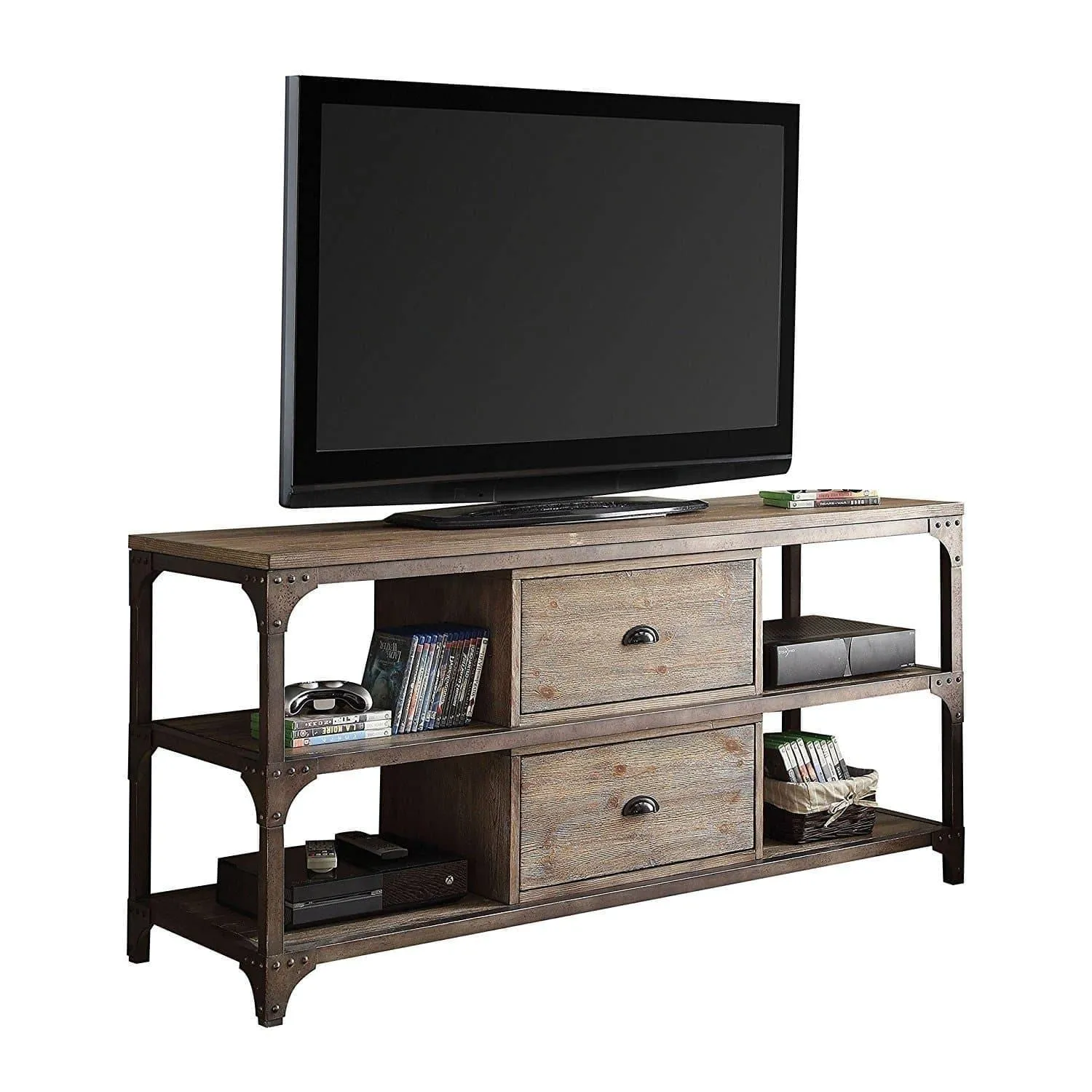 Weathered Oak and Antiqued Iron TV Stand