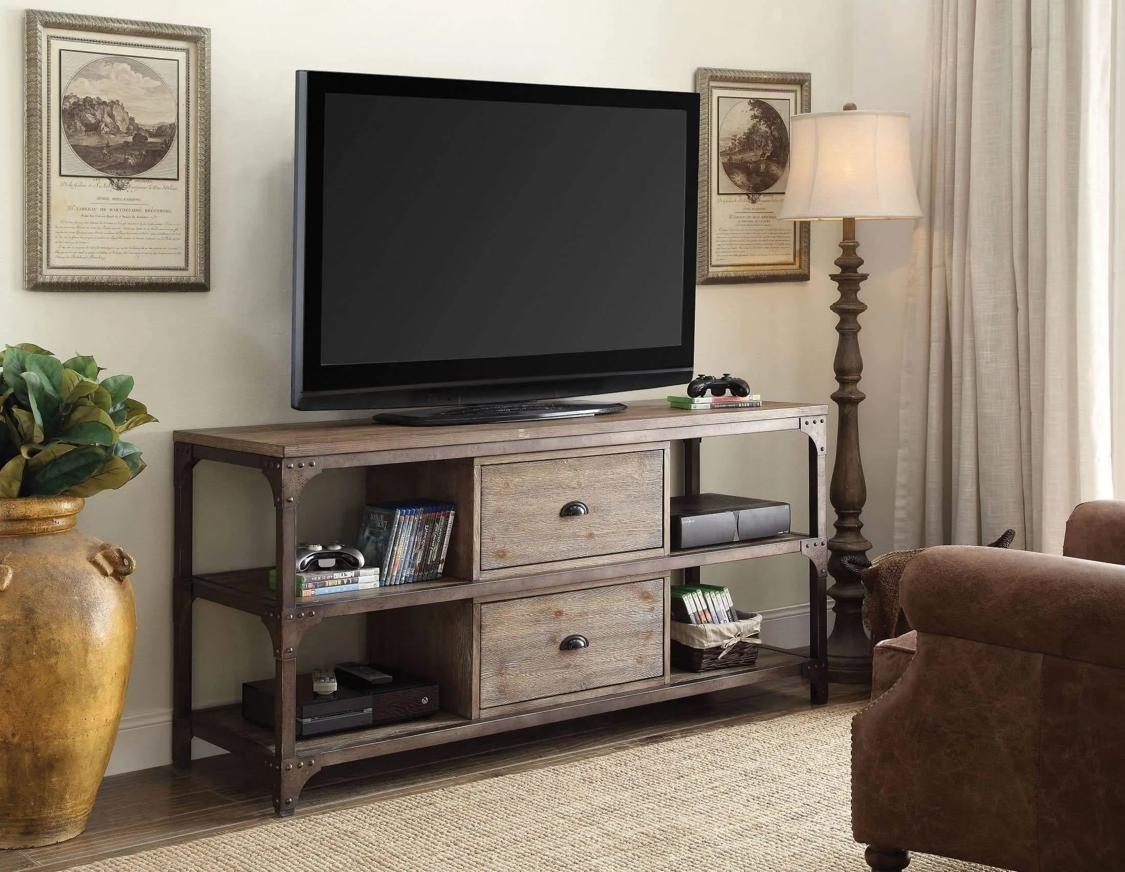 Weathered Oak and Antiqued Iron TV Stand