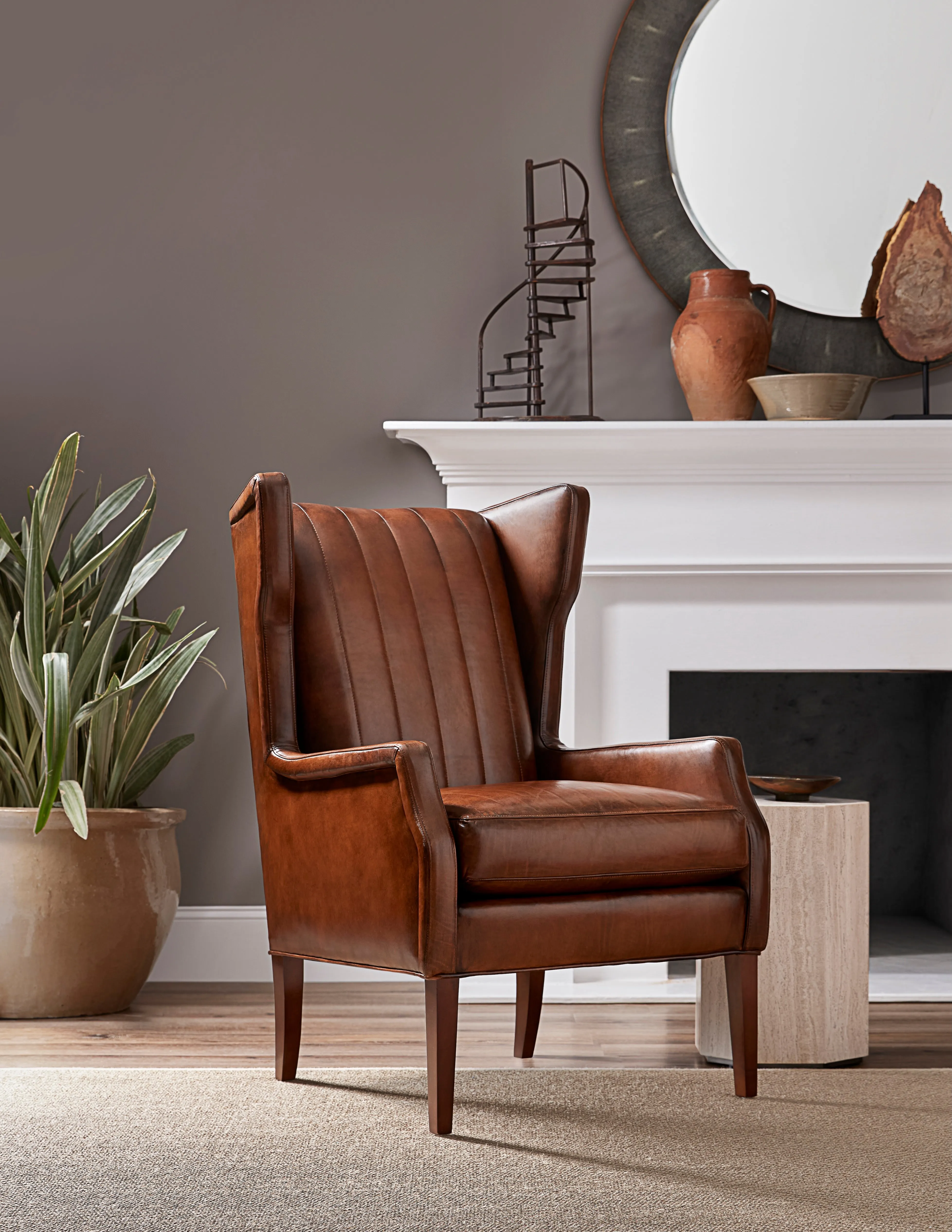 Western Leather Wingback Chair with Channel Stitching