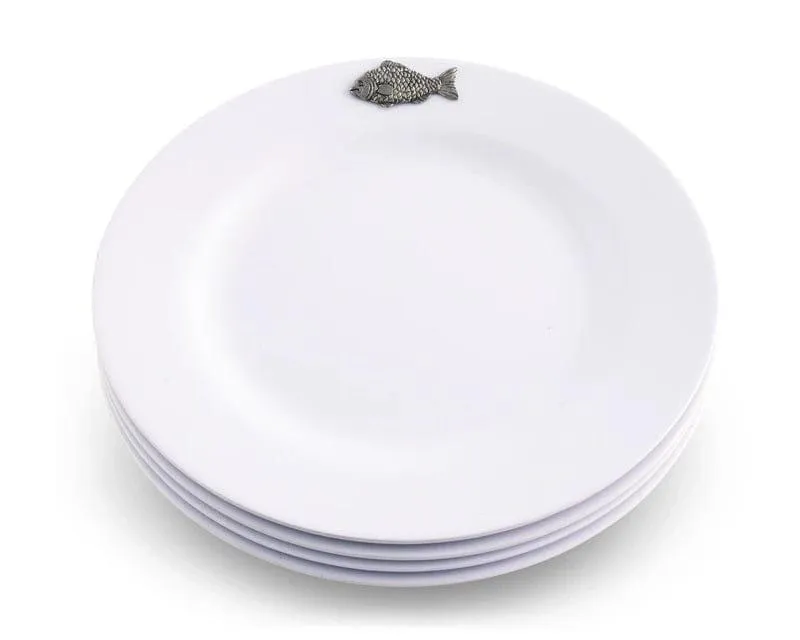 White Melamine 10" Plates w/ Pewter Fish