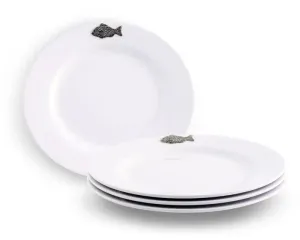 White Melamine 10" Plates w/ Pewter Fish toilet seat cover, slow close seat