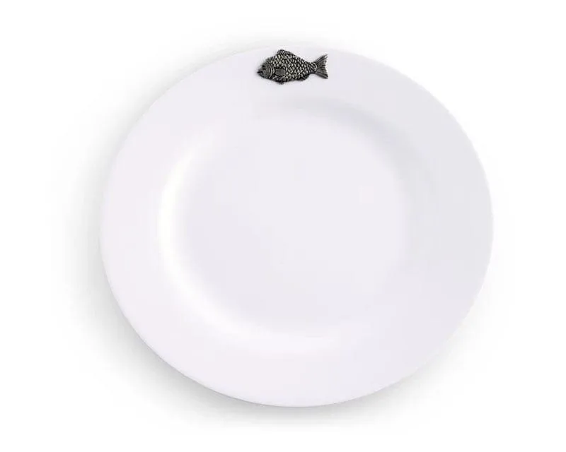 White Melamine 10" Plates w/ Pewter Fish