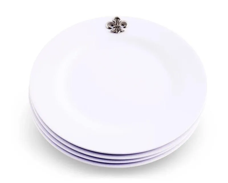 White Melamine 10" Plates w/ Pewter Fleur de Lis
