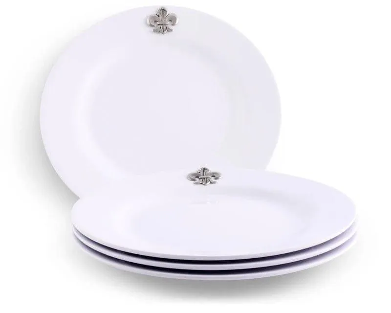 White Melamine 10" Plates w/ Pewter Fleur de Lis toilet seat cover, slow close seat