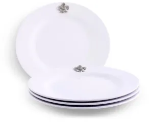 White Melamine 10" Plates w/ Pewter Fleur de Lis toilet seat cover, slow close seat