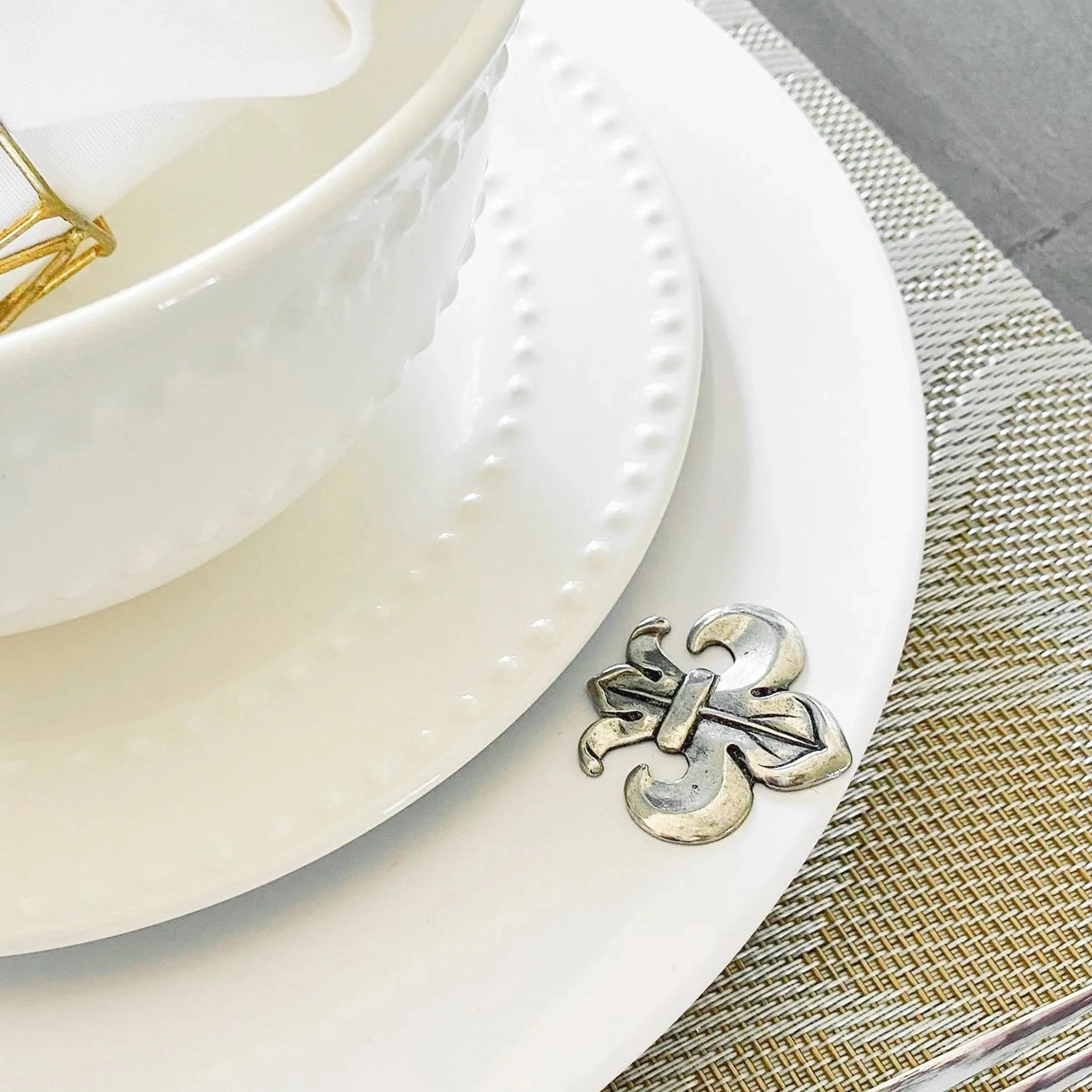 White Melamine 10" Plates w/ Pewter Fleur de Lis