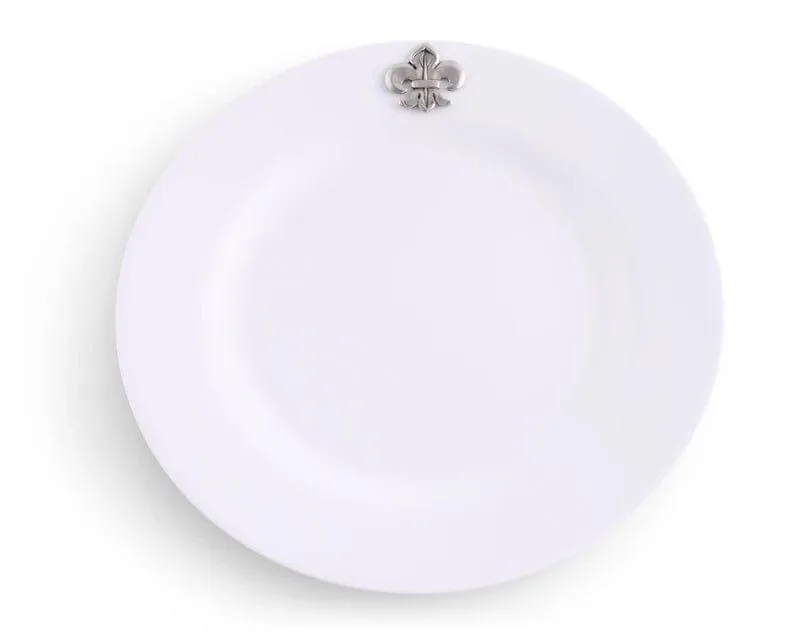 White Melamine 10" Plates w/ Pewter Fleur de Lis