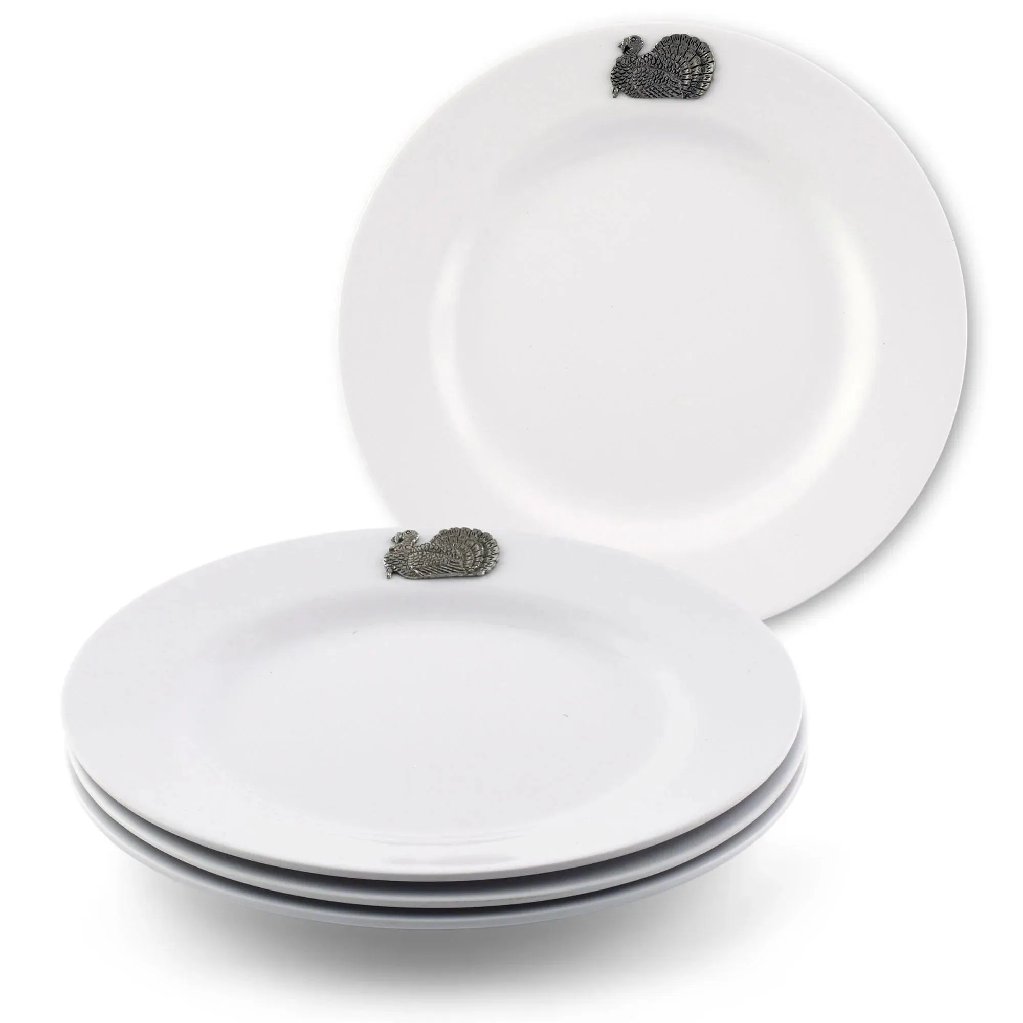 White Melamine 10" Plates w/ Pewter Turkey