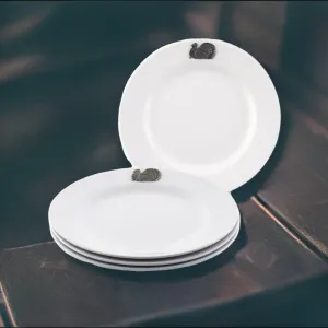 White Melamine 10" Plates w/ Pewter Turkey toilet seat cover, slow close seat