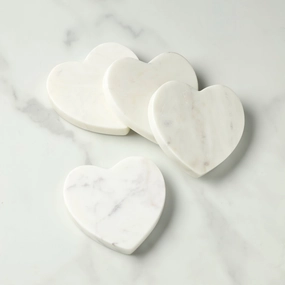 White Marble Heart Coasters - Set Of 4