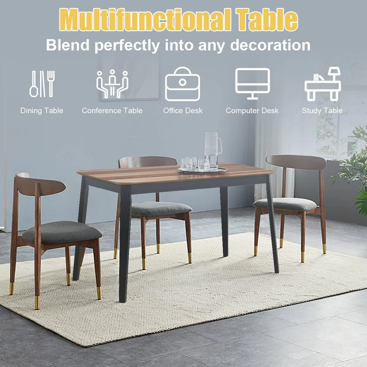 Wood Dining Table, Rectangular Kitchen Table (Walnut & Black)
